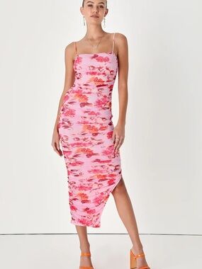 Lulu’s Pink Floral Ruched Mesh Bodycon Midi Dress